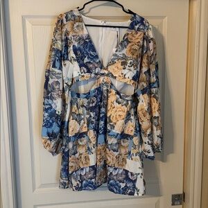 Showpo Floral Cutout Dress - Blue and Tan